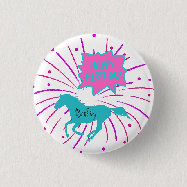 Horse Happy Birthday Pink Purple Turquoise   3 Cm Round Badge (Front)