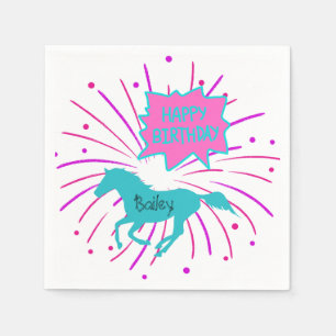 Horse Happy Birthday Pink Purple Turquoise Napkin