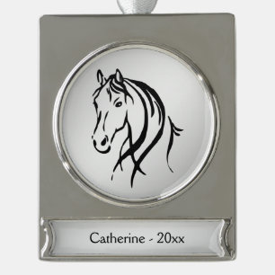 Horse Head on Silver Name and Year Plated Banner Ornament