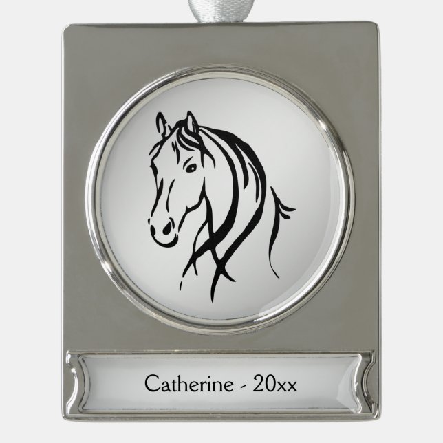 Horse Head on Silver Name and Year Plated Banner Ornament (Front)