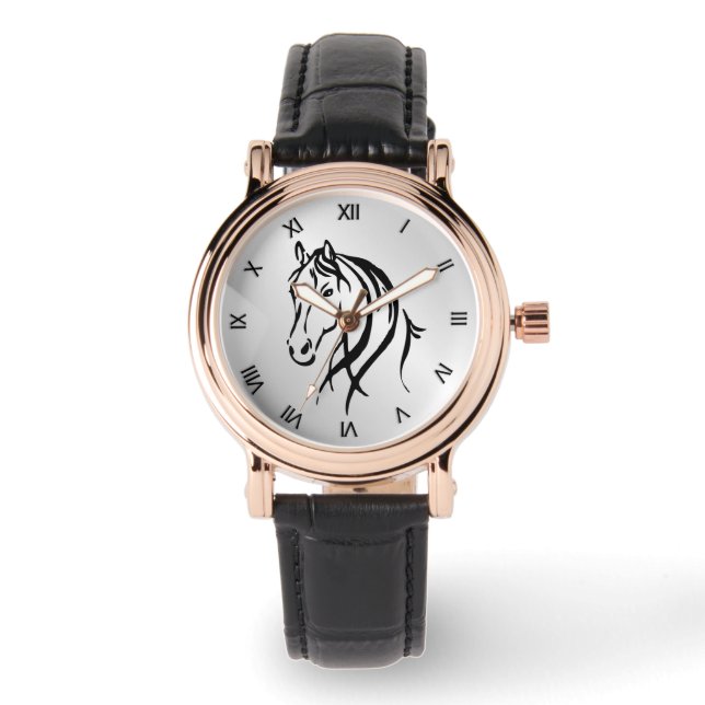 Horse Head on Silver with Roman Numerals Watch (Front)