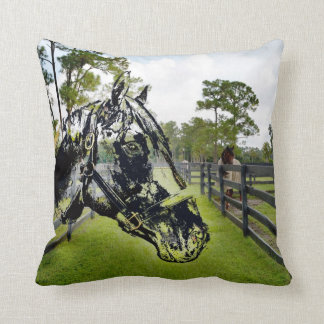horse head over horse at fence cushion