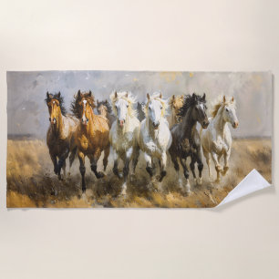 Horse Herd Galloping Mustang Painting Beach Towel