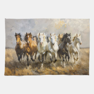 Horse Herd Galloping Mustang Painting Tea Towel