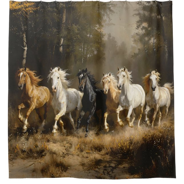Horse Herd in the Forest Painting Shower Curtain (Front)
