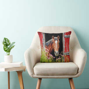 Horse In Barn Door With Wildflowers Cushion