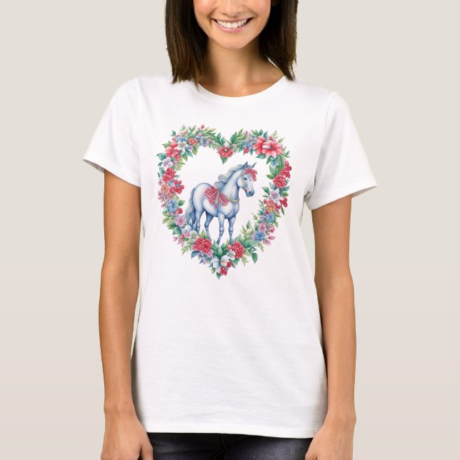 Horse in floral heart wreath T-Shirt (Front)