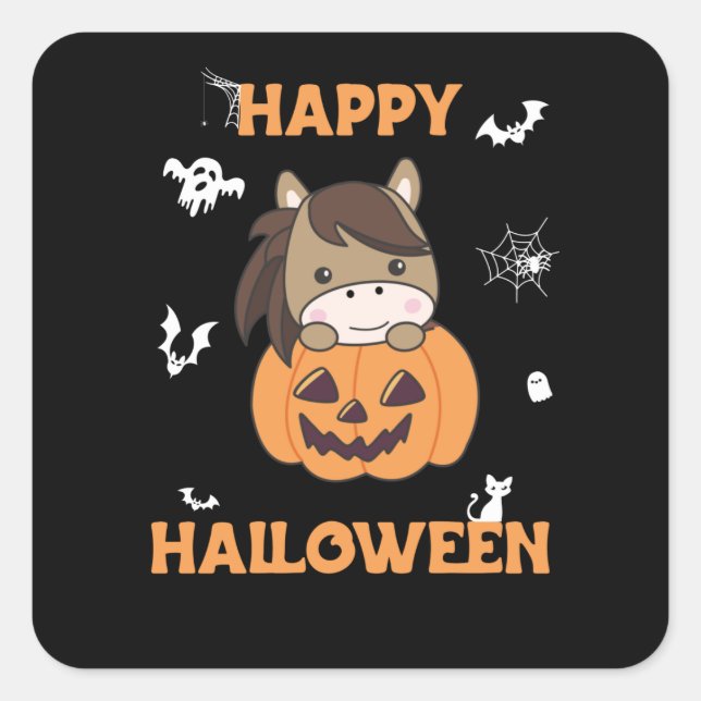 Horse In Pumpkin Sweet Horses Happy Halloween Square Sticker (Front)