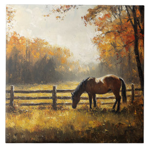 Horse in the Field Golden Hour Painting Tile