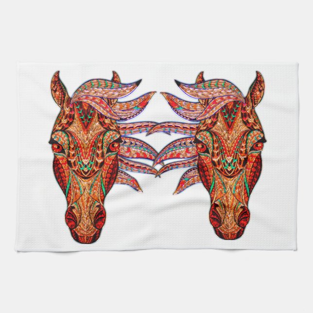 Horse jewel mosaic colourful cowgirl equestrian tea towel (Horizontal)