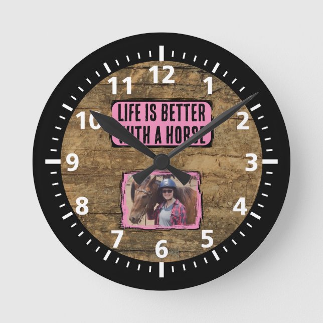 Horse lover 1 photo black pink rustic round clock (Front)