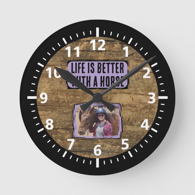 Horse lover 1 photo black purple rustic round clock (Front)