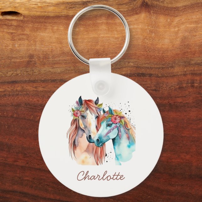 Horse Lover Equestrian Custom Kids Watercolor Key Ring (Front)