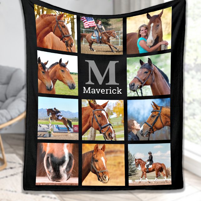 Horse Lover Personalised Monogram 11 Photo Collage Fleece Blanket (Creator Uploaded)