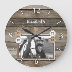 Horse lover with a name and a photo rustic large clock