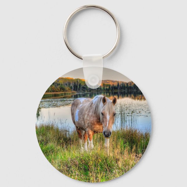 Horse-lover's Palomino Pinto Stallion Equine Photo Key Ring (Front)