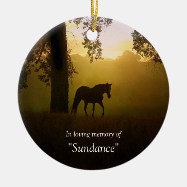 Horse Memorial Sunrise and Oak Tree Ceramic Tree Decoration (Front)