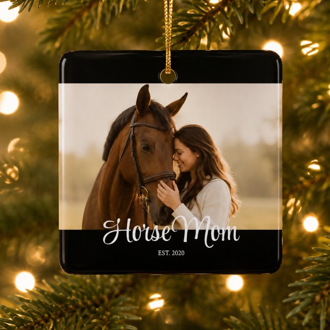 Horse Mum Established Black White Script Photo Ceramic Ornament (Creator Uploaded)