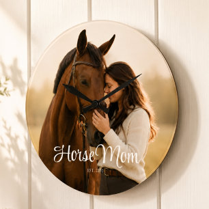 Horse Mum Established Modern White Script Photo Large Clock