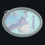 Horse name kids blue belt buckle<br><div class="desc">Equestrian buckle for kids customise with your name or that of your horse or pony. This example reads "Jessie". Cute buckle for young horse riders and kids that love ponies. Perfect for parents of young horse riders and equestrian learning centres and kids riding school camps. Uniquely painted and designed by...</div>