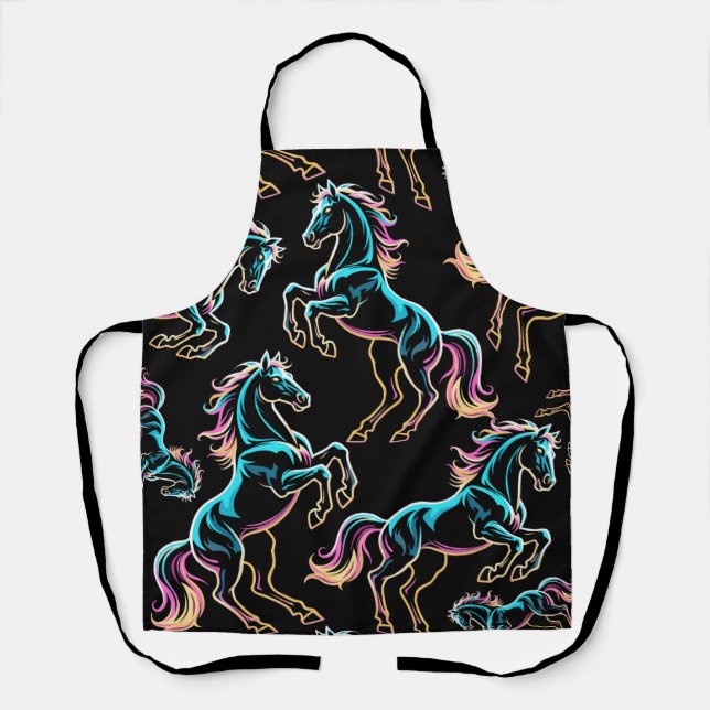 Horse Neon Light Glitch Retro Style Apron (Front)