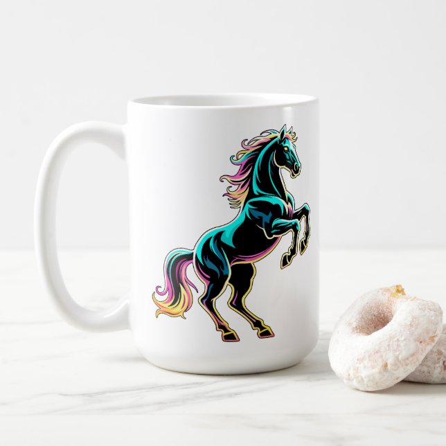 Horse Neon Light Glitch Retro Style Coffee Mug (With Donut)
