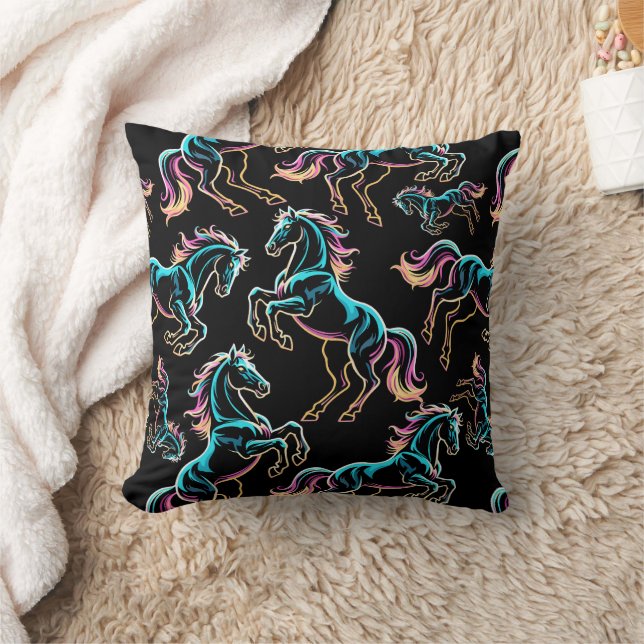 Horse Neon Light Glitch Retro Style Cushion (Blanket)
