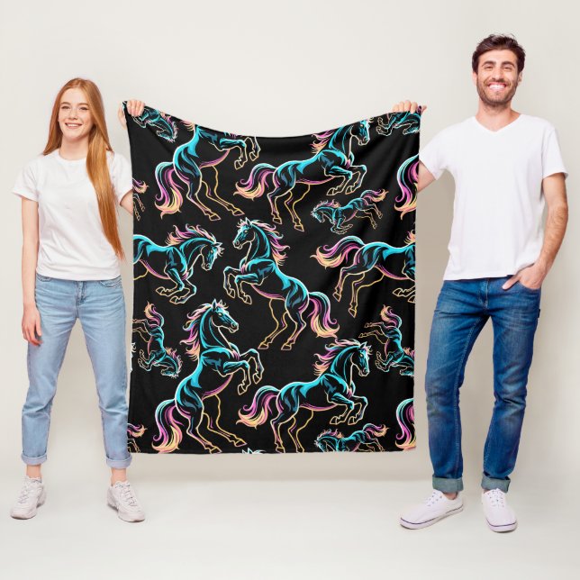 Horse Neon Light Glitch Retro Style Fleece Blanket (In Situ)