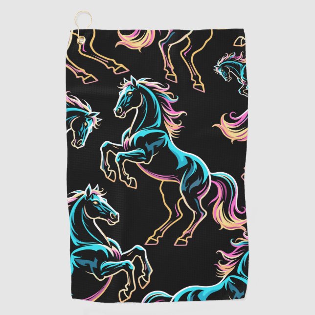Horse Neon Light Glitch Retro Style Golf Towel (Front)