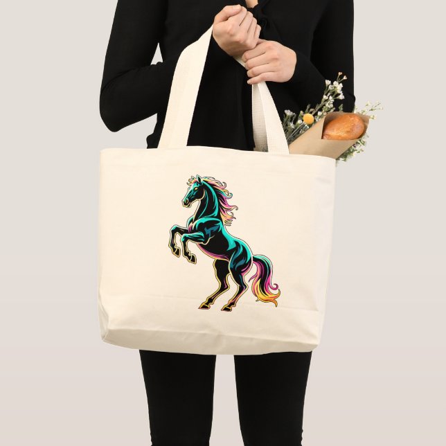 Horse Neon Light Glitch Retro Style Large Tote Bag (Front (Product))