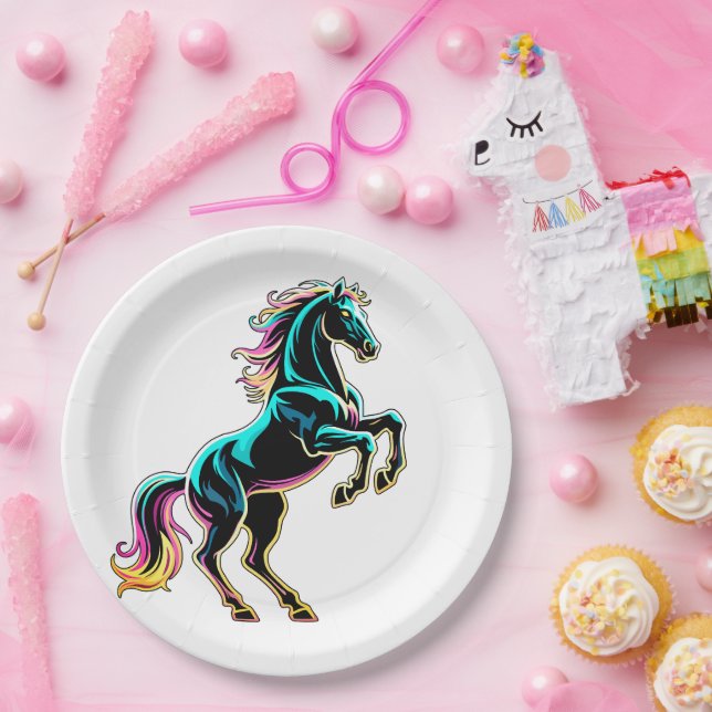 Horse Neon Light Glitch Retro Style Paper Plate (Party)