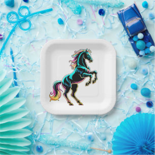 Horse Neon Light Glitch Retro Style Paper Plate