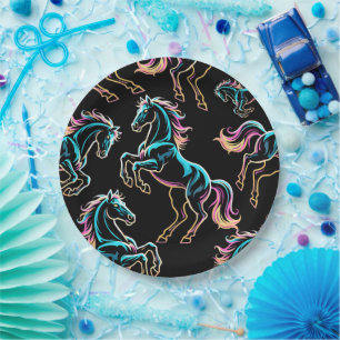 Horse Neon Light Glitch Retro Style Paper Plate