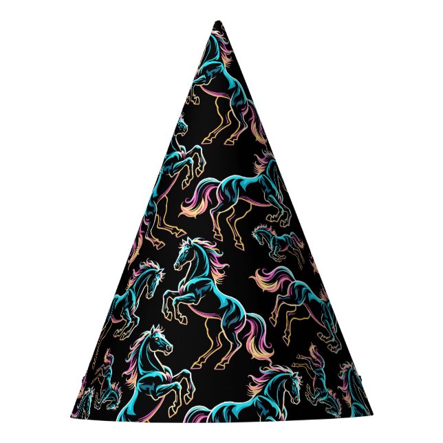 Horse Neon Light Glitch Retro Style Party Hat (Front)