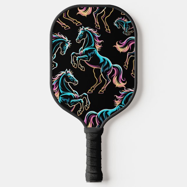 Horse Neon Light Glitch Retro Style Pickleball Paddle (Front)