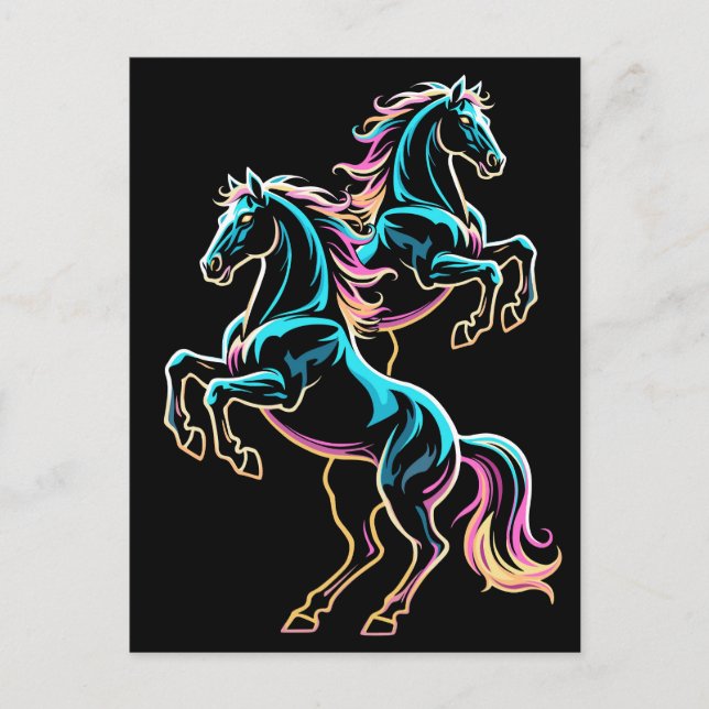 Horse Neon Light Glitch Retro Style Postcard (Front)