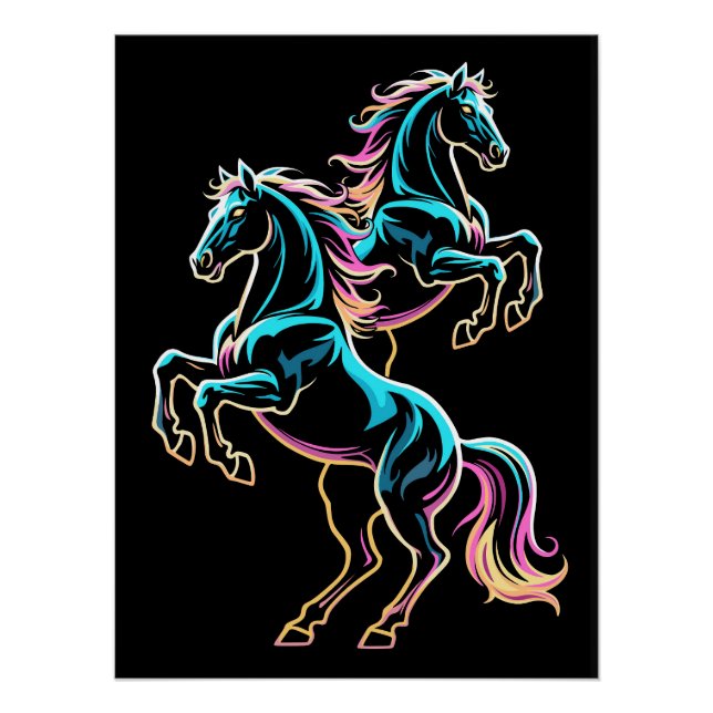 Horse Neon Light Glitch Retro Style Poster (Front)