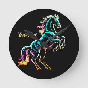 Horse Neon Light Glitch Retro Style Round Clock
