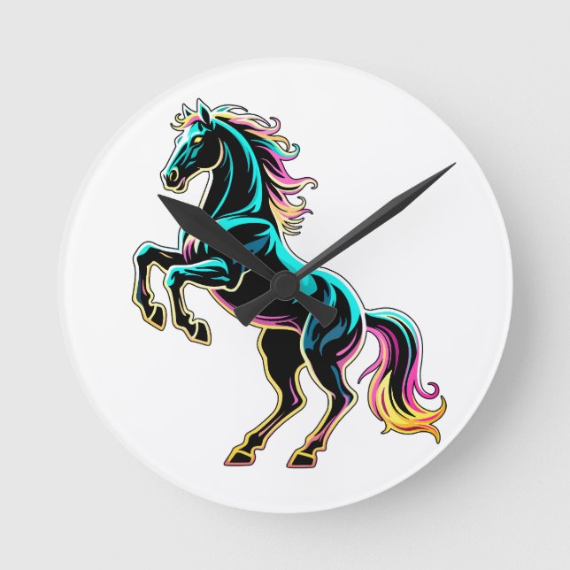 Horse Neon Light Glitch Retro Style Round Clock (Front)