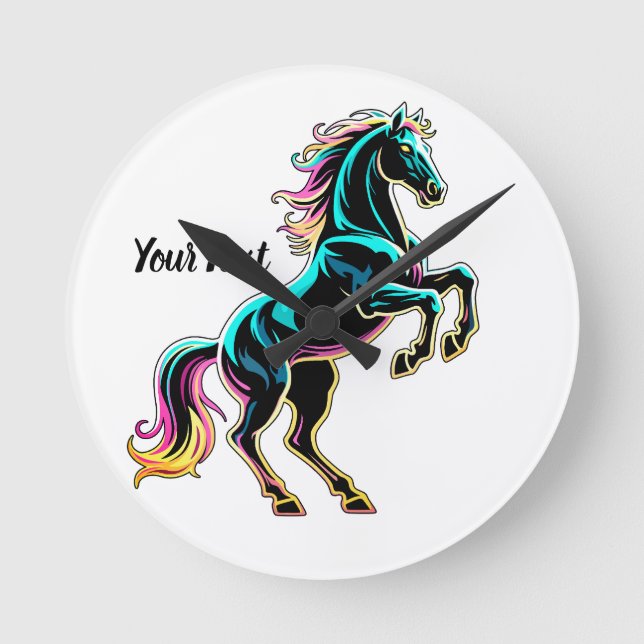 Horse Neon Light Glitch Retro Style Round Clock (Front)