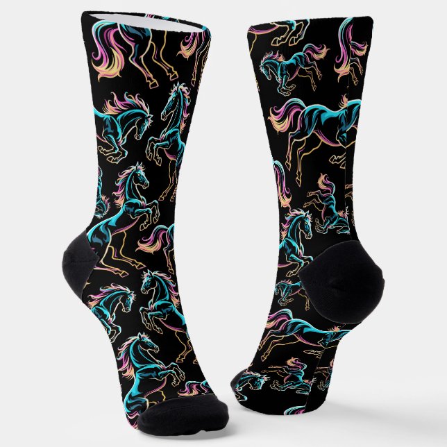 Horse Neon Light Glitch Retro Style Socks (Angled)
