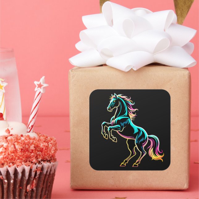 Horse Neon Light Glitch Retro Style Square Sticker (Party)
