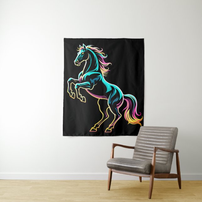 Horse Neon Light Glitch Retro Style Tapestry (In Situ)