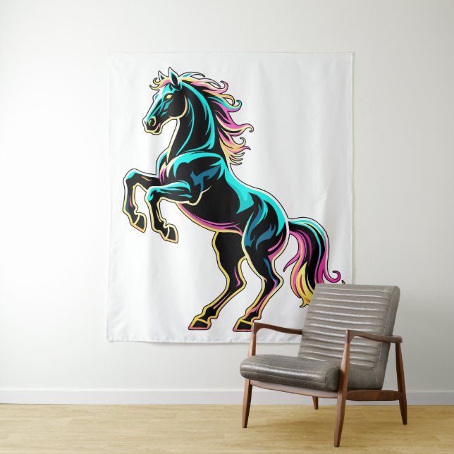 Horse Neon Light Glitch Retro Style Tapestry (In Situ)
