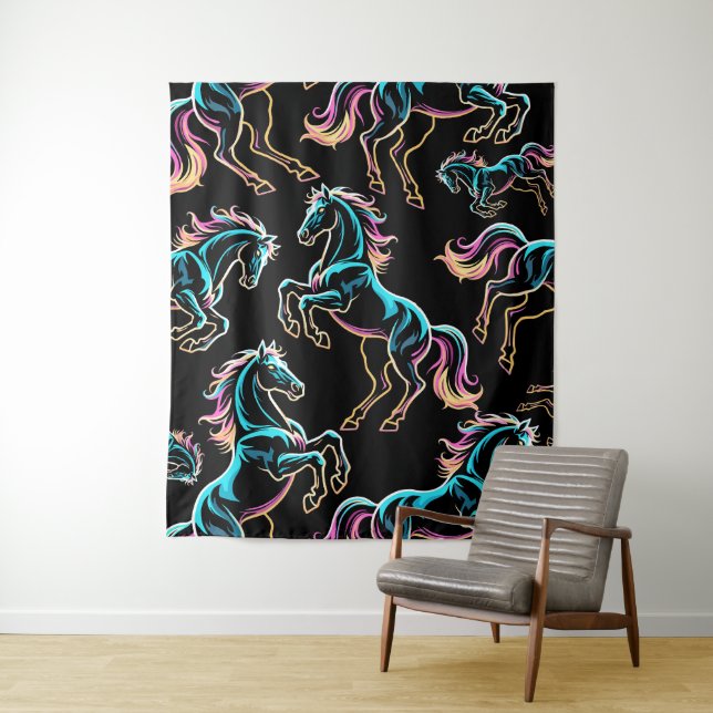 Horse Neon Light Glitch Retro Style Tapestry (In Situ)