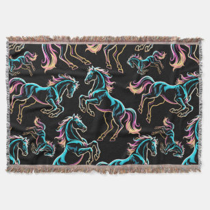 Horse Neon Light Glitch Retro Style Throw Blanket