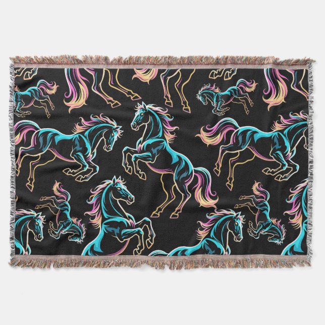 Horse Neon Light Glitch Retro Style Throw Blanket (Front)