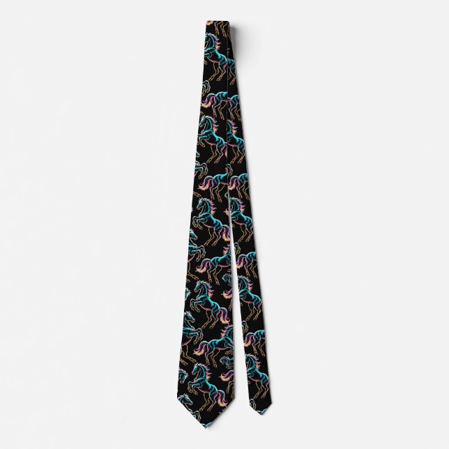 Horse Neon Light Glitch Retro Style Tie (Front)