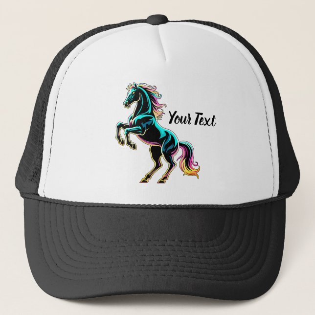 Horse Neon Light Glitch Retro Style Trucker Hat (Front)
