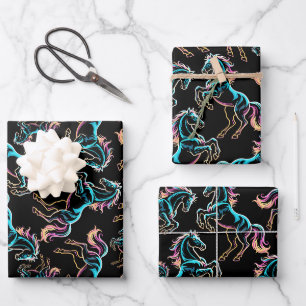 Horse Neon Light Glitch Retro Style Wrapping Paper Sheet